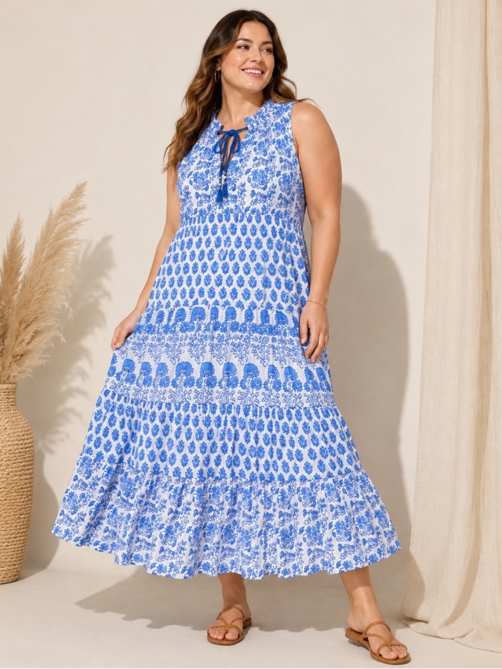 Calypso St. Barth Blue White Cotton Tiered Maxi Dress L Boho Resort